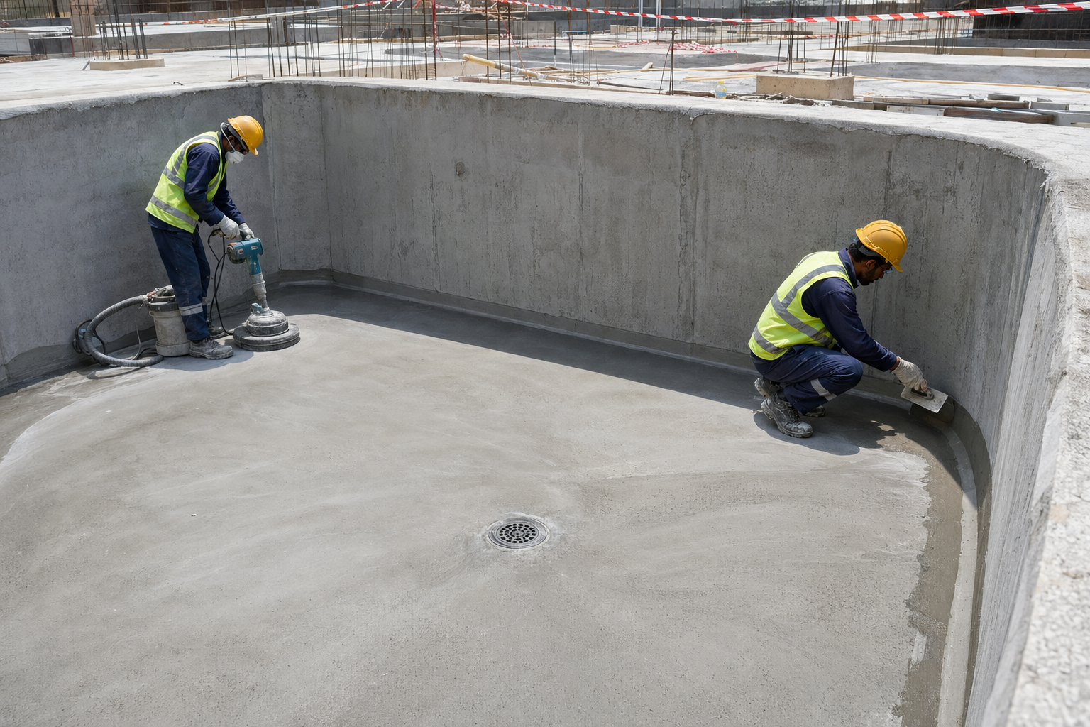 Surface preparation and angle fillet formation inside a concrete planter