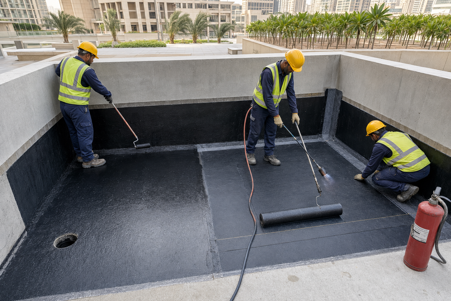 Bituminous primer and torch-applied membrane installation inside a planter