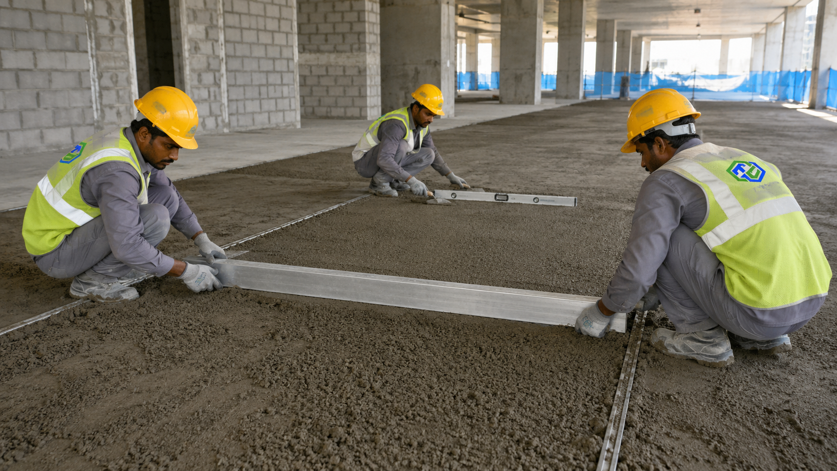 Workers levelling fresh screed with a straightedge